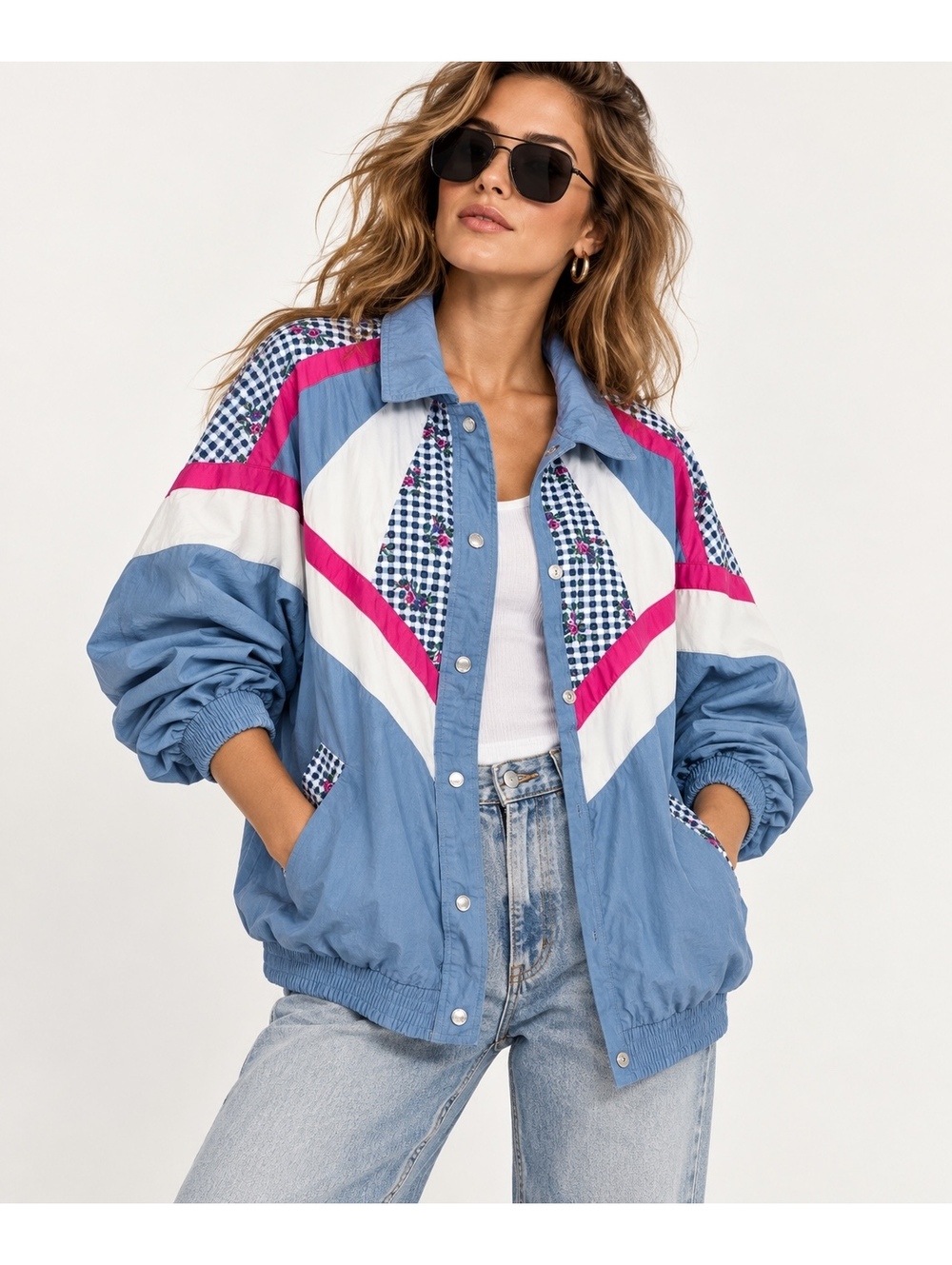 Vintage Stonybrook Womens 2XL Blue Chambray Bomber Jacket Floral Patchwork 80s